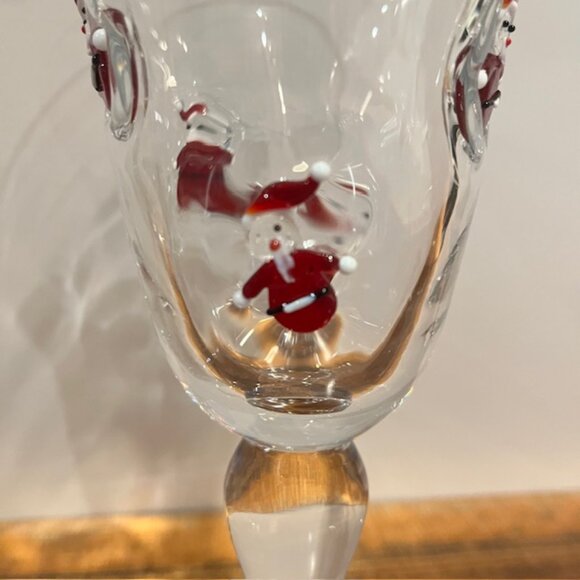 Set of (2) Crate & Barrel 8oz Blown Glass Fused Snowmen Santa Wine Goblet Glass - Picture 7 of 10